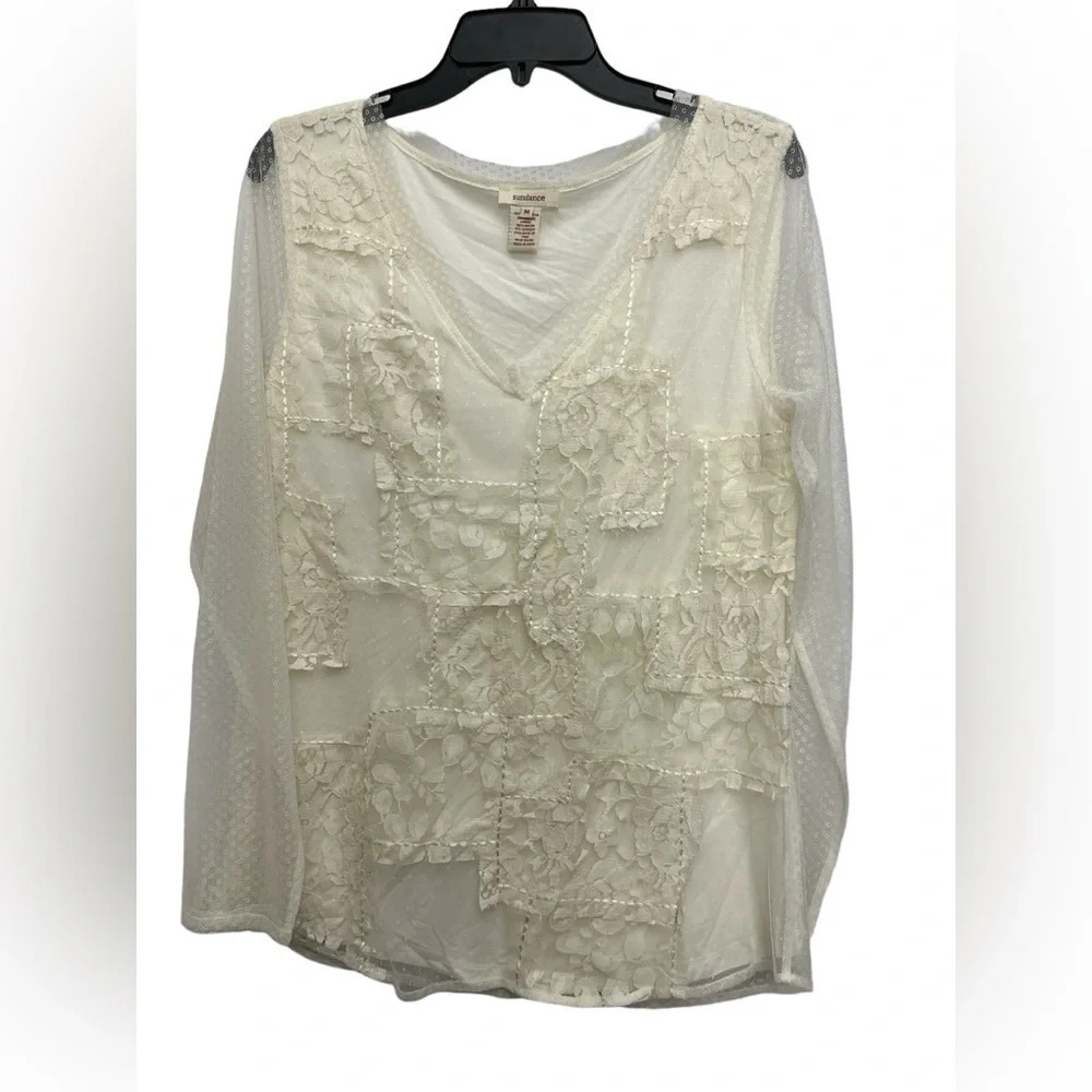 Sundance Ivory Patchwork Lace Overlay Blouse Sheer Sleeves Clip Dot Size Medium